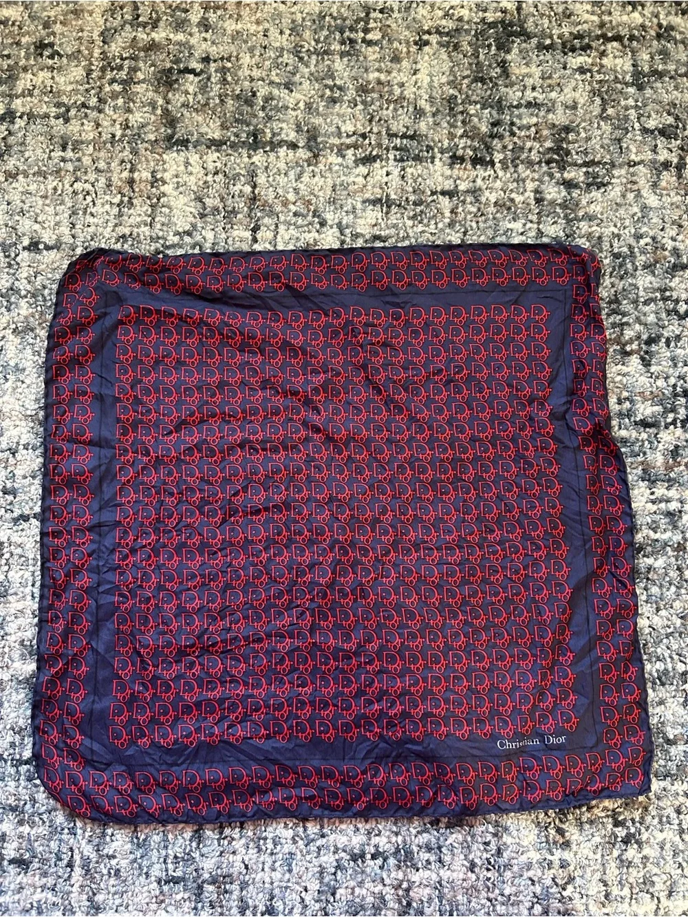 ·Christian Dior· Vintage Navy and Red Silk Logo Scarf